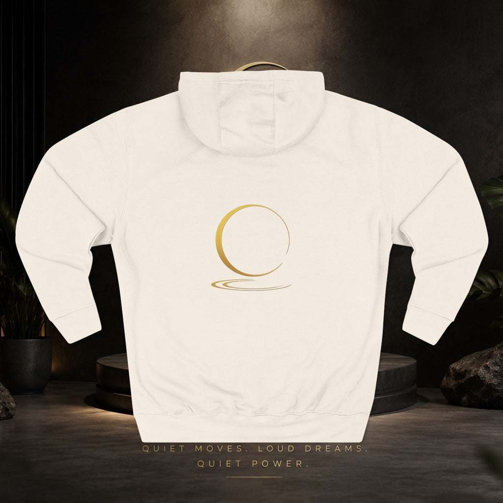 Quiet Power Hoodie — Minimalist Fleece Pullover with Gold Moon Logo