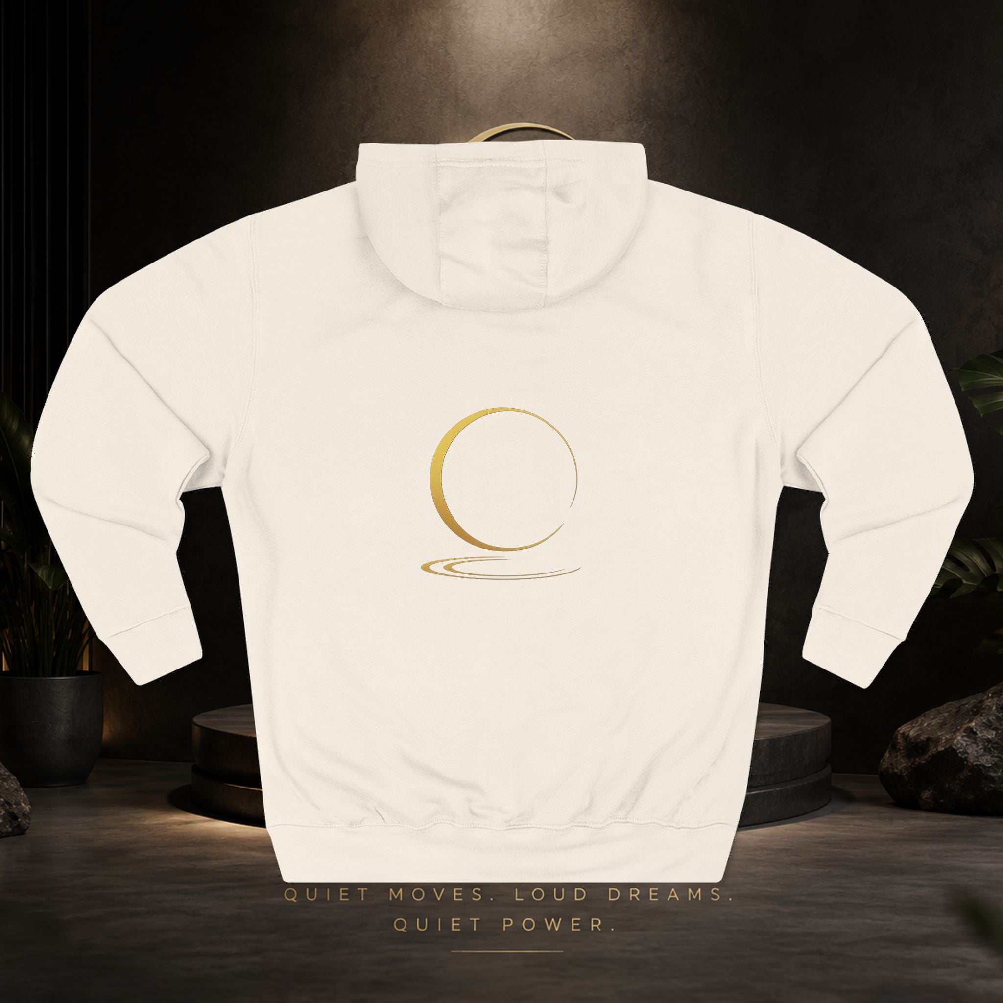 Quiet Power Hoodie — Minimalist Fleece Pullover with Gold Moon Logo