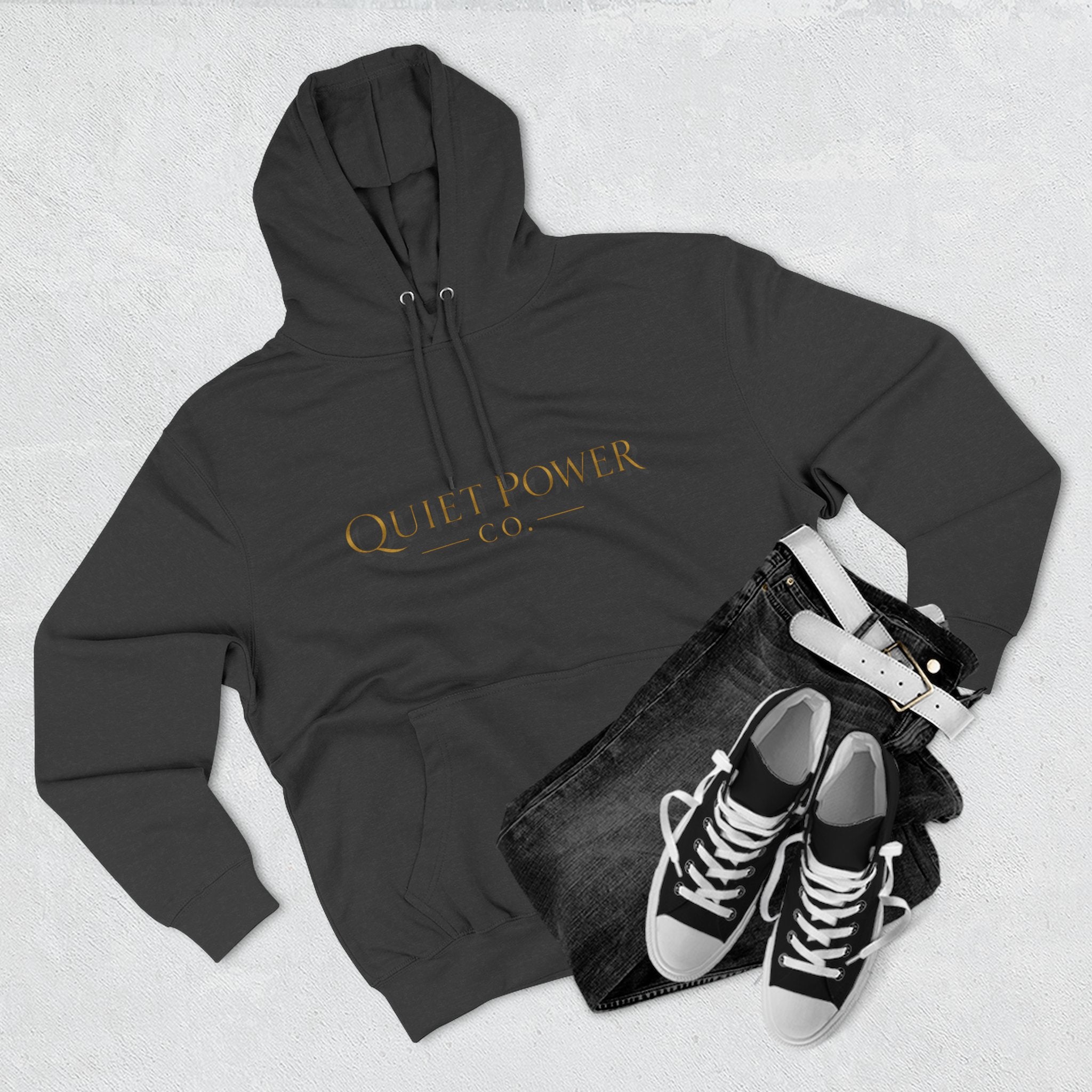 Quiet Power Hoodie — Minimalist Fleece Pullover with Gold Moon Logo