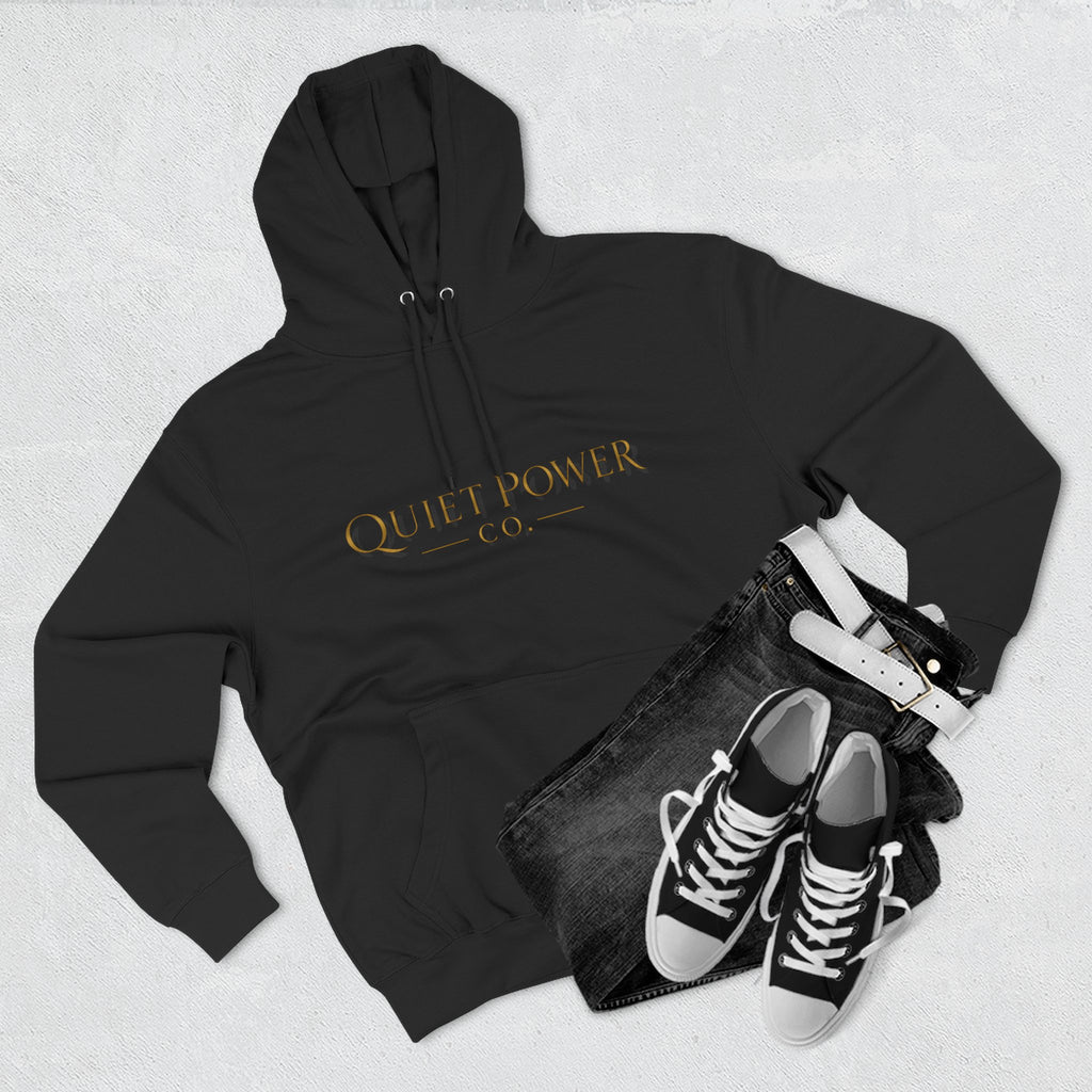 Quiet Power Hoodie — Minimalist Fleece Pullover with Gold Moon Logo