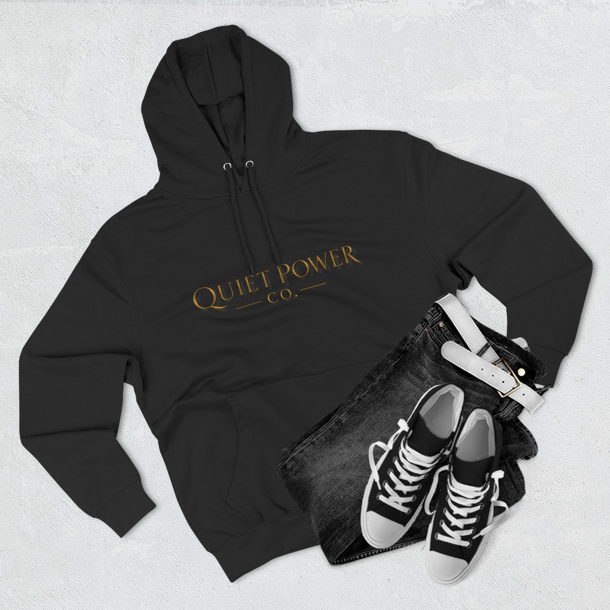 Quiet Power Hoodie — Minimalist Fleece Pullover with Gold Moon Logo