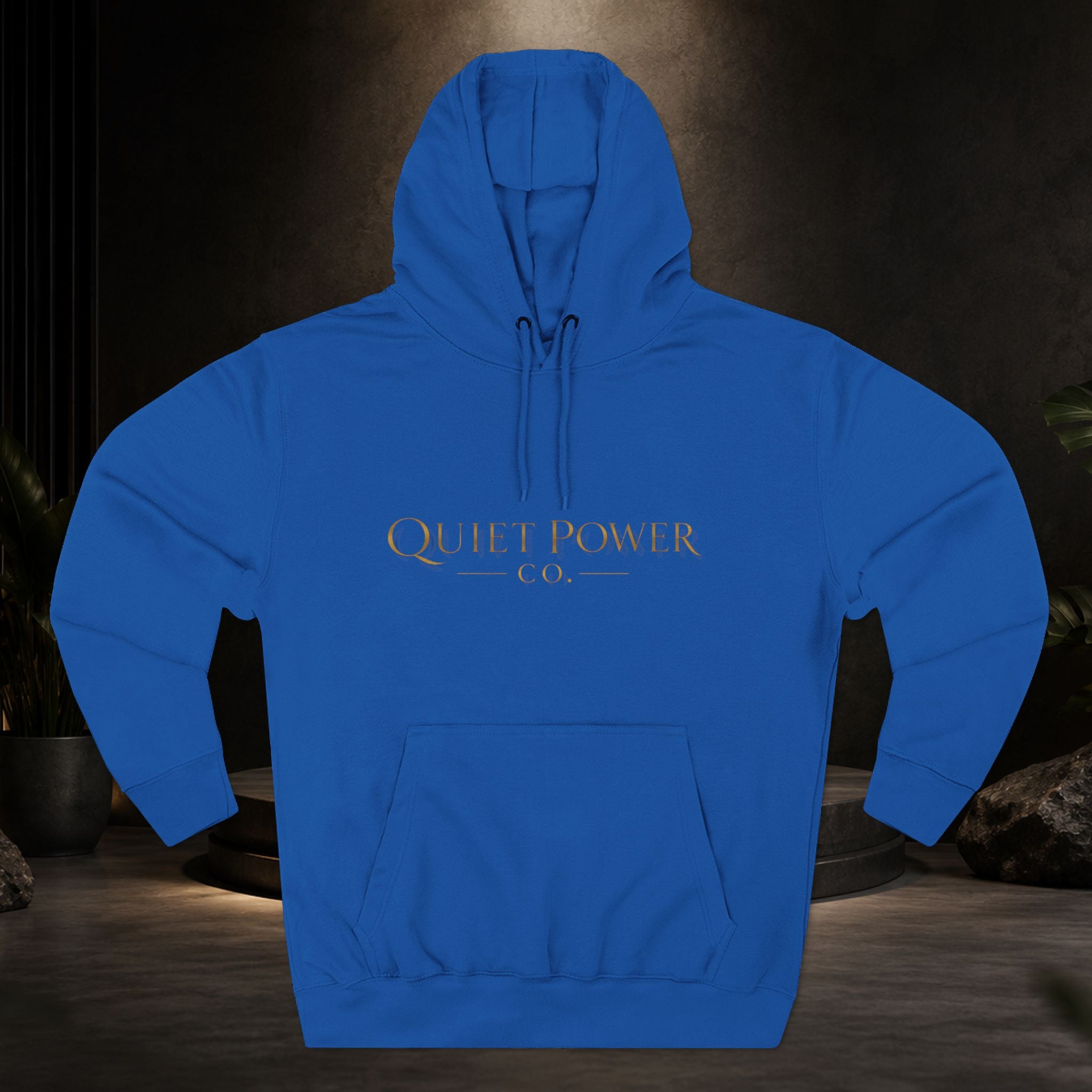 Quiet Power Hoodie — Minimalist Fleece Pullover with Gold Moon Logo