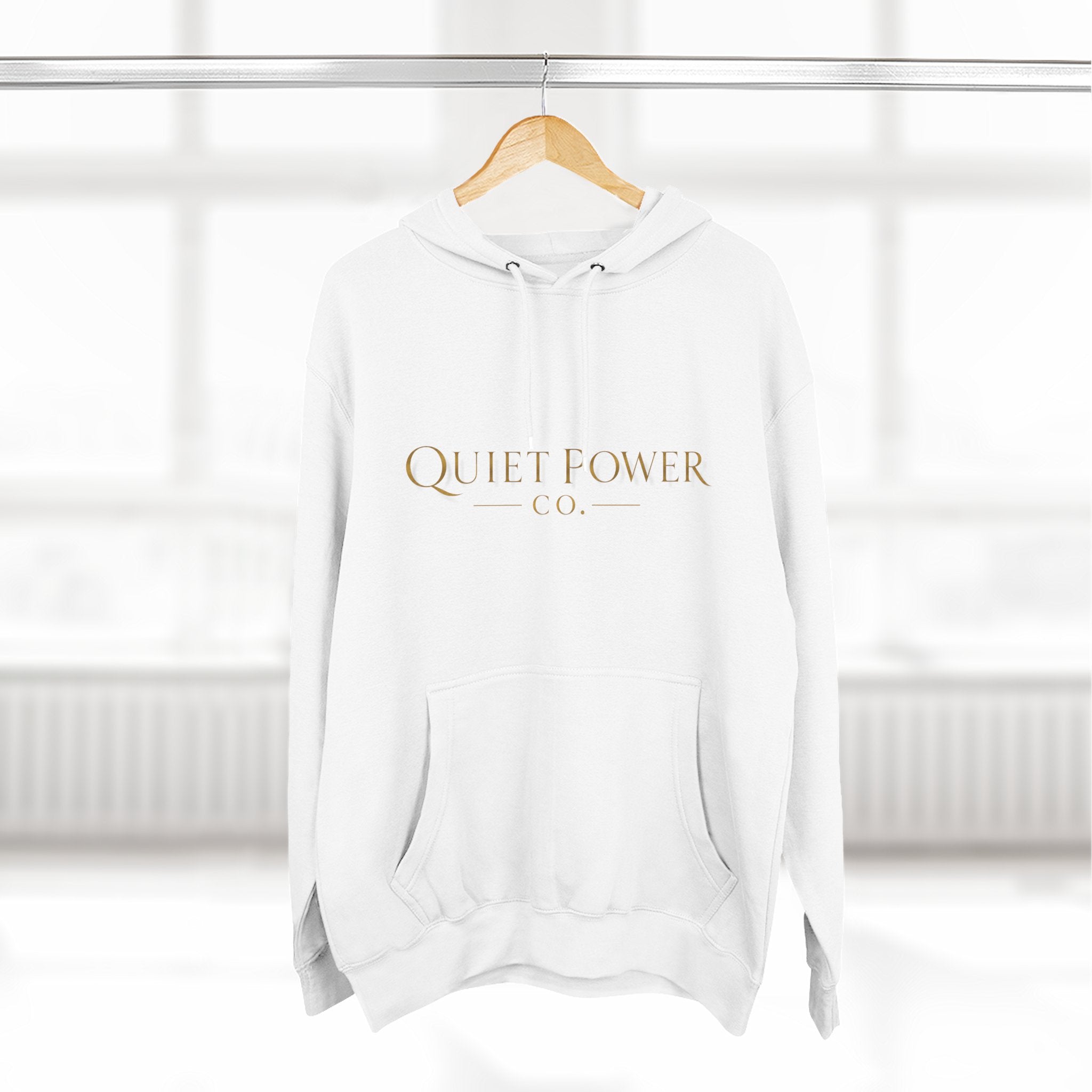 Quiet Power Hoodie — Minimalist Fleece Pullover with Gold Moon Logo