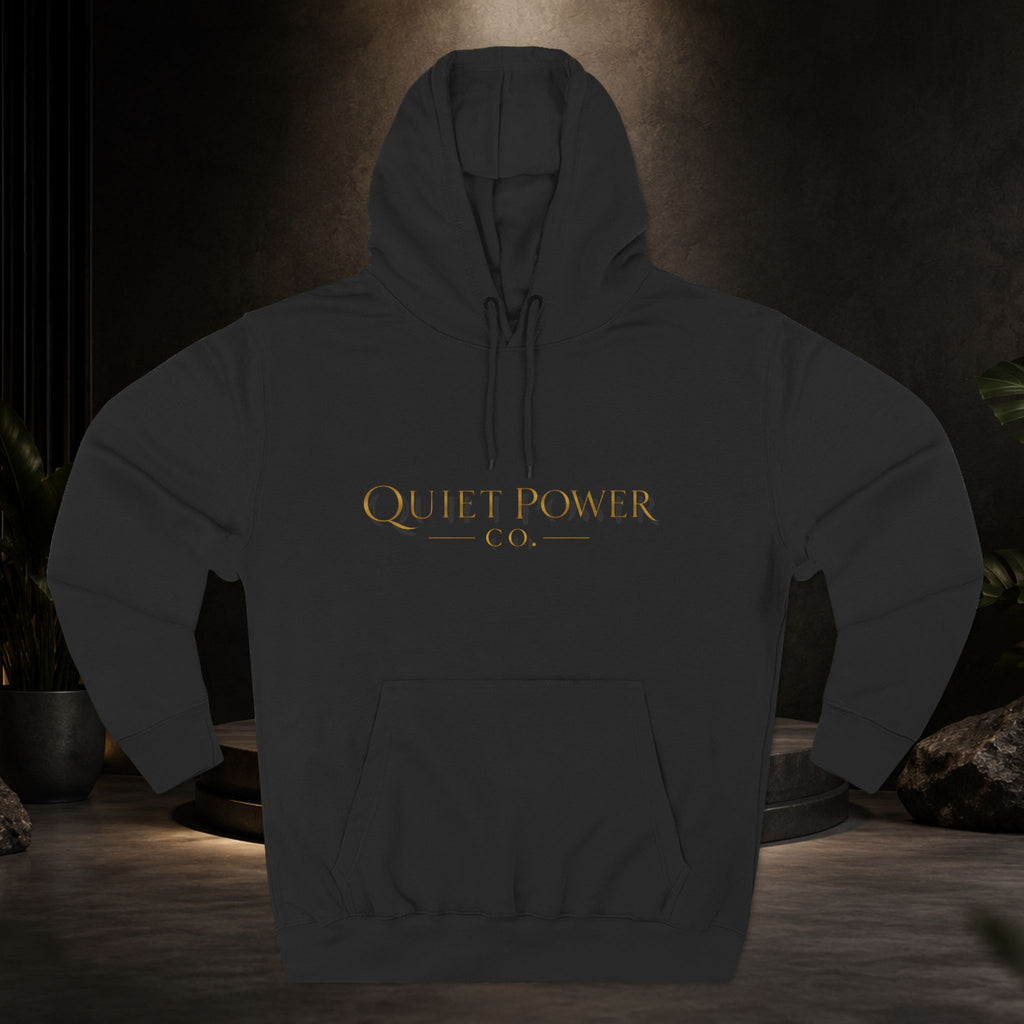 Quiet Power Hoodie — Minimalist Fleece Pullover with Gold Moon Logo