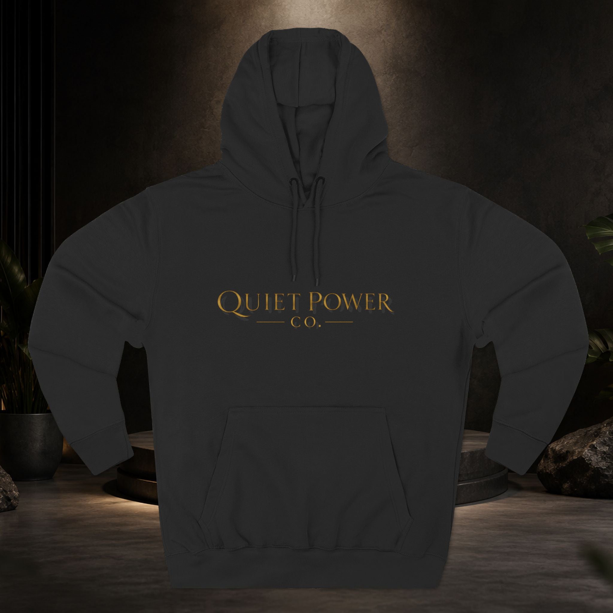 Quiet Power Hoodie — Minimalist Fleece Pullover with Gold Moon Logo