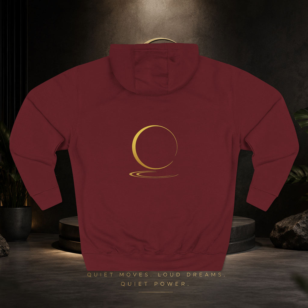 Quiet Power Hoodie — Minimalist Fleece Pullover with Gold Moon Logo