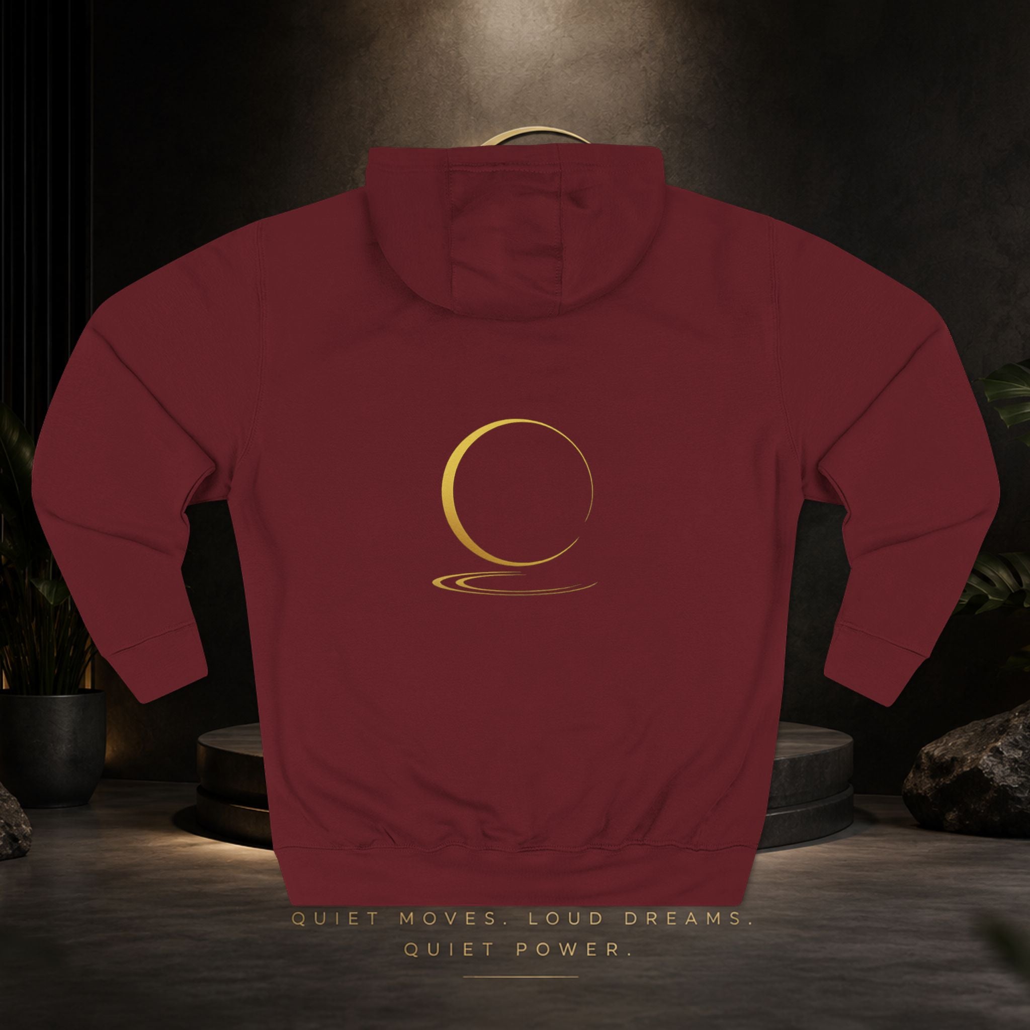 Quiet Power Hoodie — Minimalist Fleece Pullover with Gold Moon Logo