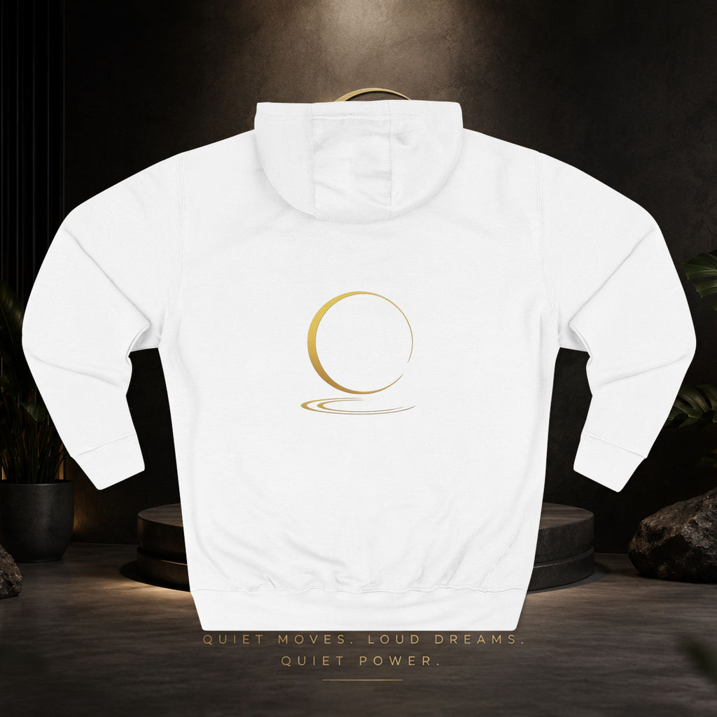 Quiet Power Hoodie — Minimalist Fleece Pullover with Gold Moon Logo