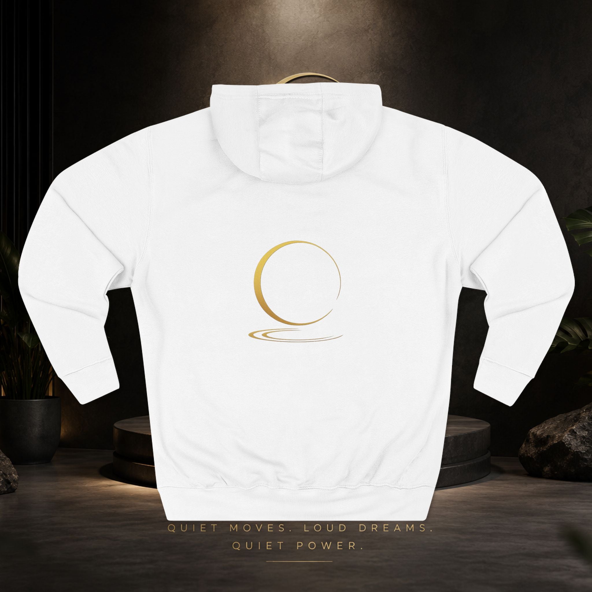 Quiet Power Hoodie — Minimalist Fleece Pullover with Gold Moon Logo