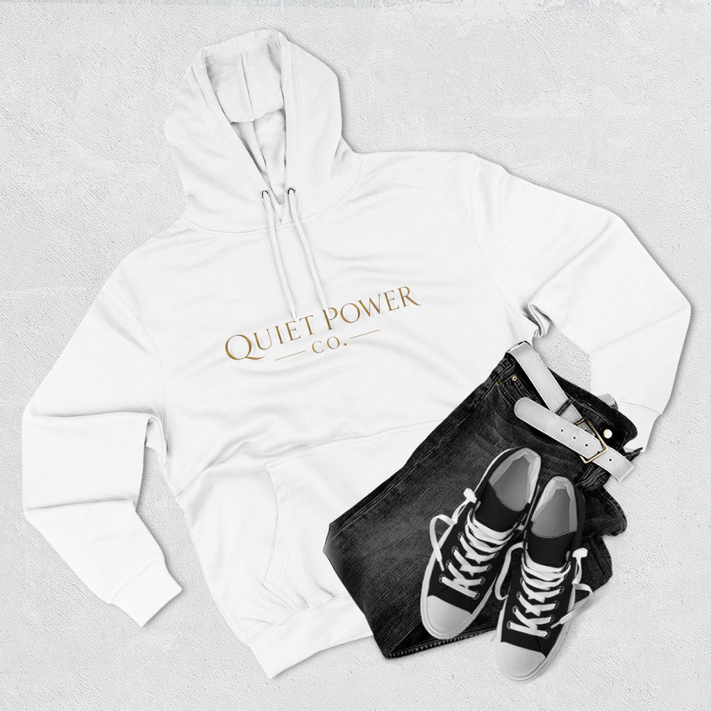 Quiet Power Hoodie — Minimalist Fleece Pullover with Gold Moon Logo