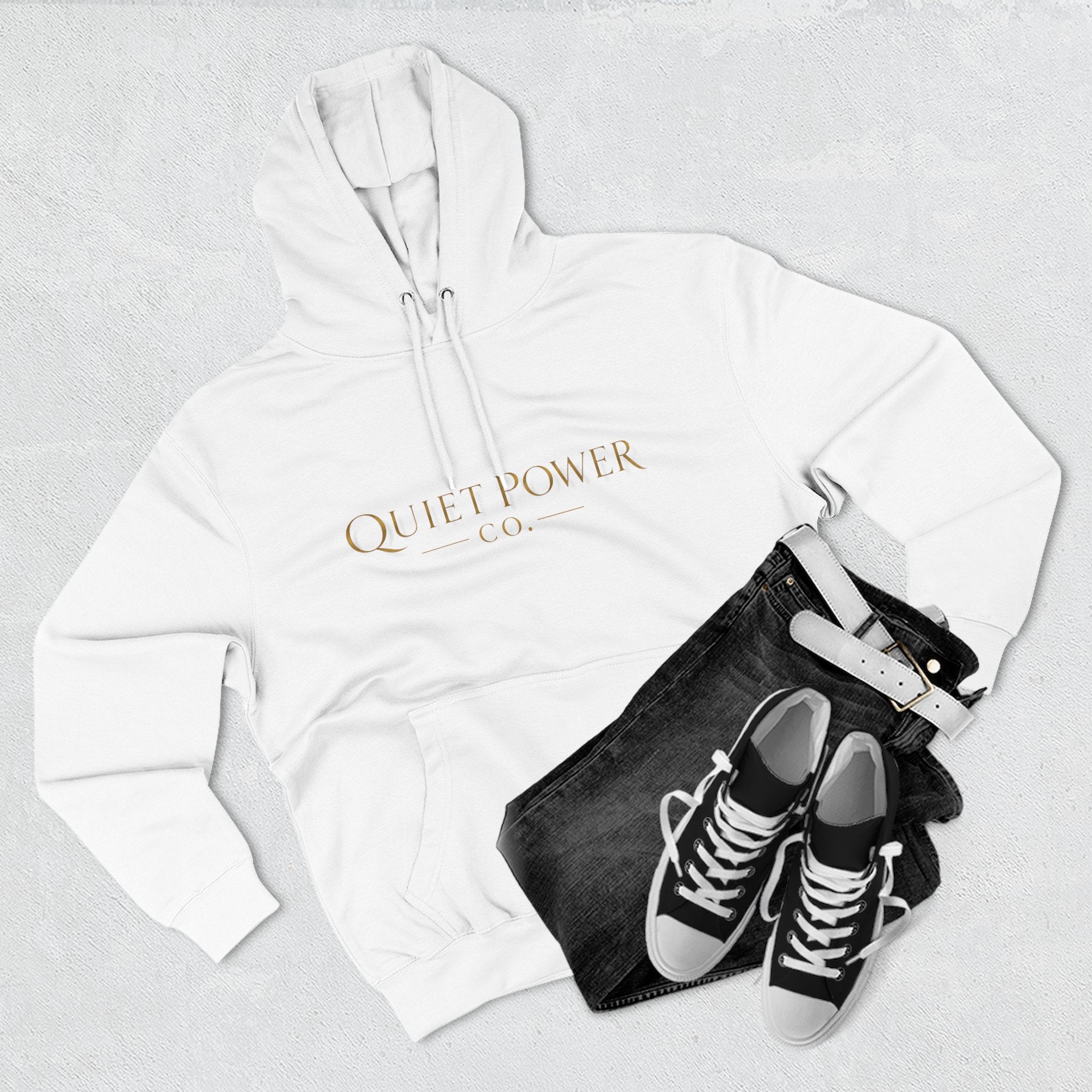 Quiet Power Hoodie — Minimalist Fleece Pullover with Gold Moon Logo