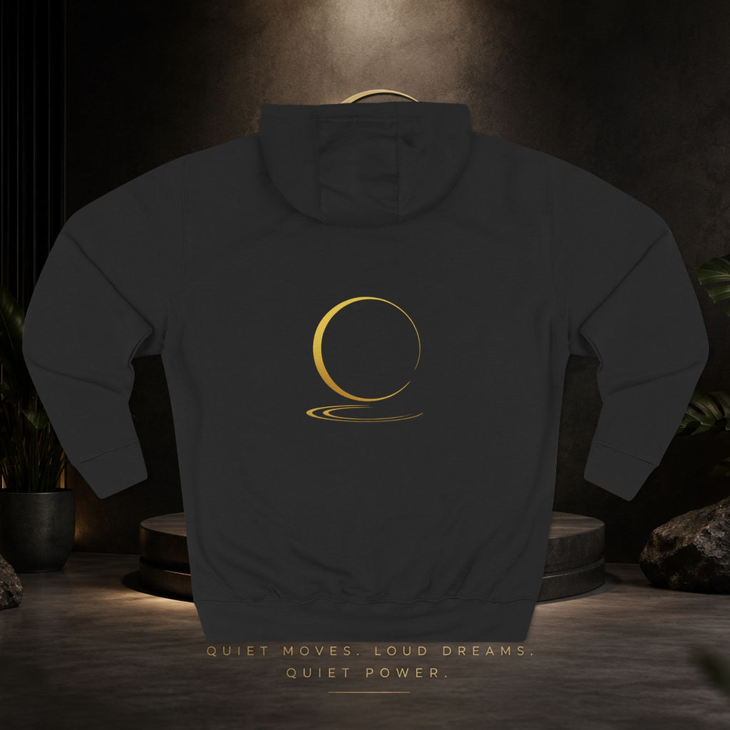 Quiet Power Hoodie — Minimalist Fleece Pullover with Gold Moon Logo