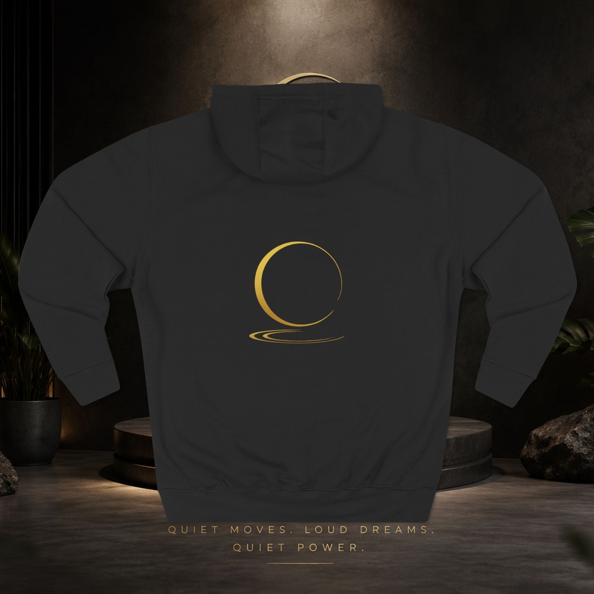 Quiet Power Hoodie — Minimalist Fleece Pullover with Gold Moon Logo