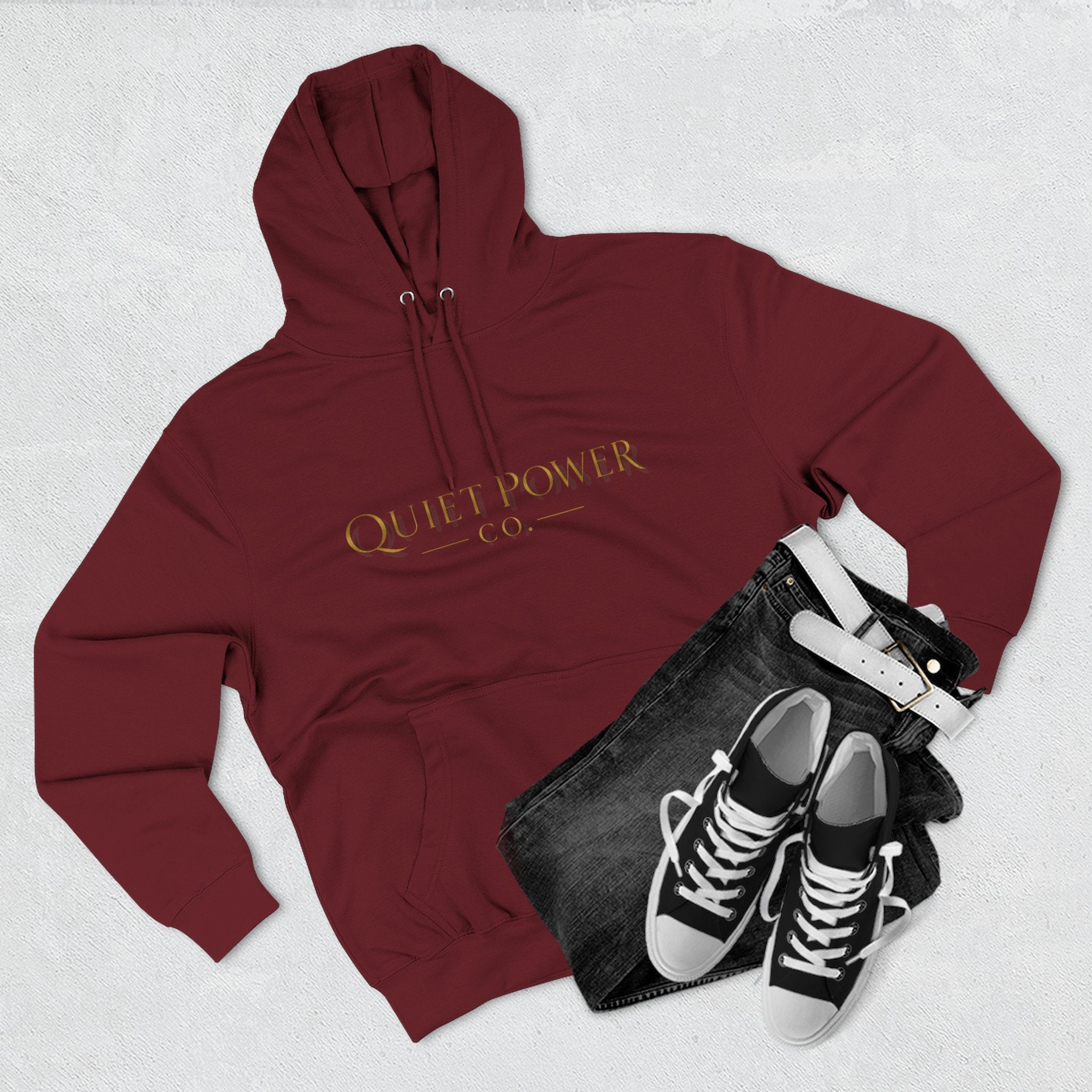 Quiet Power Hoodie — Minimalist Fleece Pullover with Gold Moon Logo