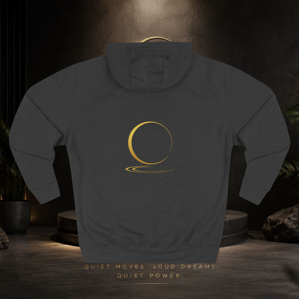 Quiet Power Hoodie — Minimalist Fleece Pullover with Gold Moon Logo