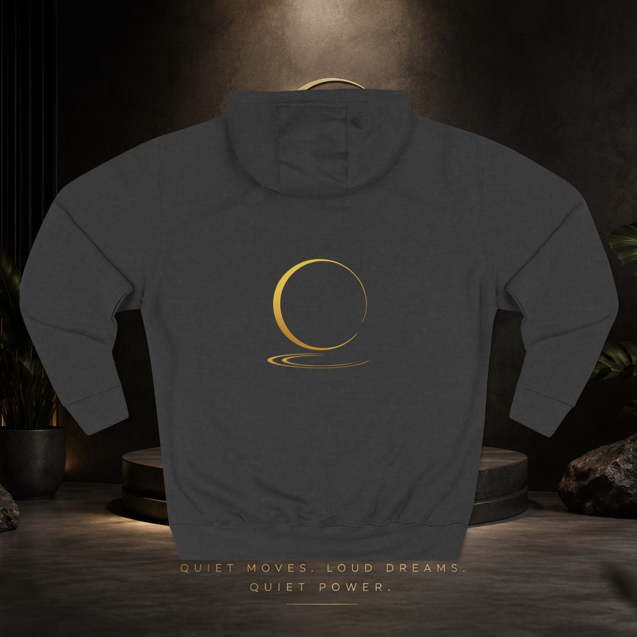 Quiet Power Hoodie — Minimalist Fleece Pullover with Gold Moon Logo