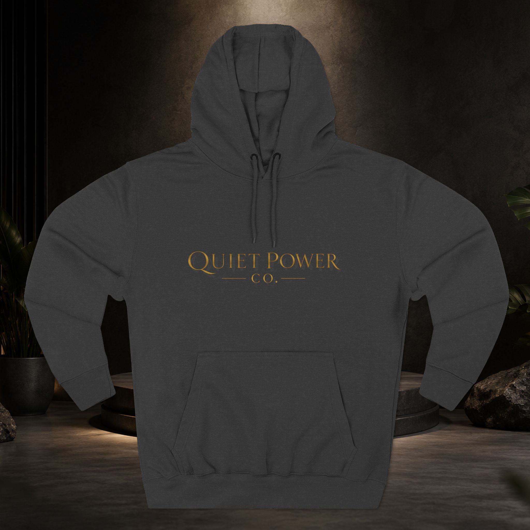 Quiet Power Hoodie — Minimalist Fleece Pullover with Gold Moon Logo