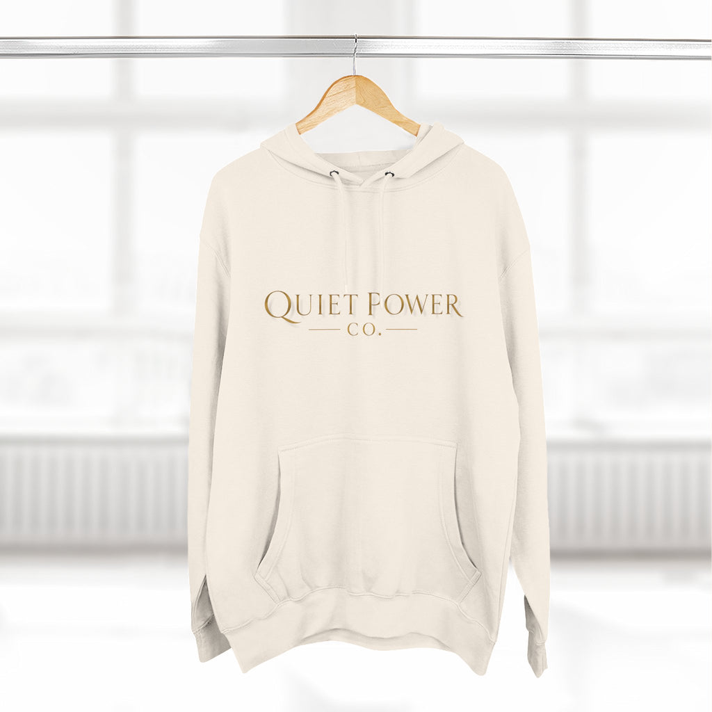 Quiet Power Hoodie — Minimalist Fleece Pullover with Gold Moon Logo