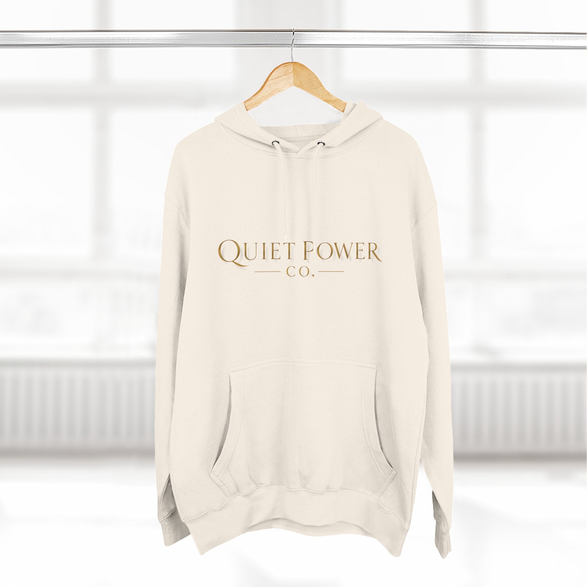 Quiet Power Hoodie — Minimalist Fleece Pullover with Gold Moon Logo