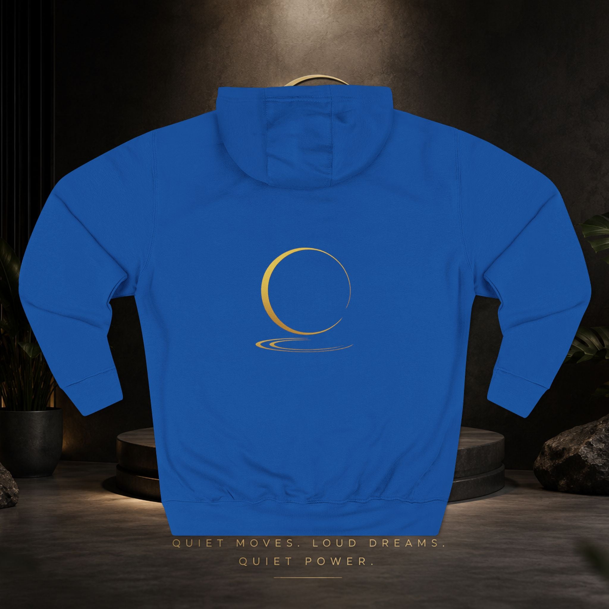 Quiet Power Hoodie — Minimalist Fleece Pullover with Gold Moon Logo