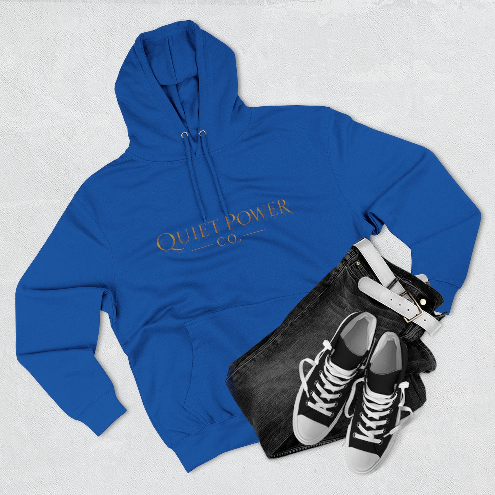 Quiet Power Hoodie — Minimalist Fleece Pullover with Gold Moon Logo