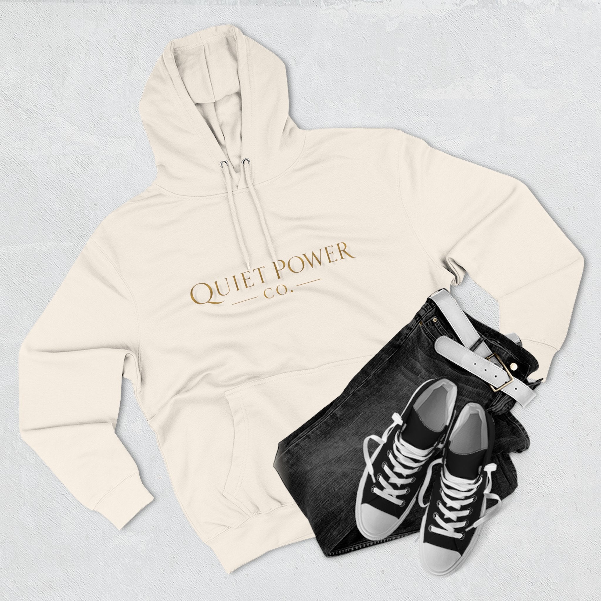 Quiet Power Hoodie — Minimalist Fleece Pullover with Gold Moon Logo